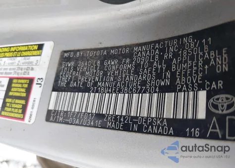 2011 Toyota Corolla S from USA, damaged, VIN 2T1BU4EE3BC677304
